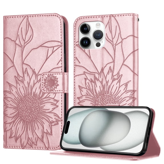 Luxury Embossed Floral Wallet Case for iPhone 16 Pro Max, PU Leather + TPU Flip Cover with Card Slots Kickstand Magnetic Closure Shockproof Full Body Protection for Women & Girls, Rosegold