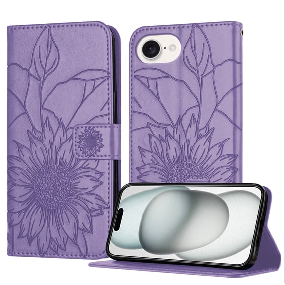 Luxury Embossed Floral Wallet Case for iPhone 16e, PU Leather + TPU Flip Cover with Card Slots Kickstand Magnetic Closure Shockproof Full Body Protection for Women & Girls, Purple
