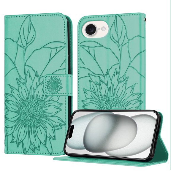 Luxury Embossed Floral Wallet Case for iPhone 16e, PU Leather + TPU Flip Cover with Card Slots Kickstand Magnetic Closure Shockproof Full Body Protection for Women & Girls, Green