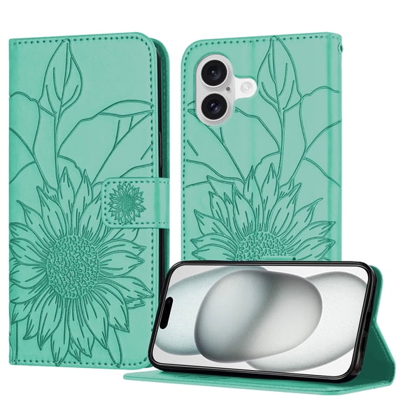 Luxury Embossed Floral Wallet Case for iPhone 17, PU Leather + TPU Flip Cover with Card Slots Kickstand Magnetic Closure Shockproof Full Body Protection for Women & Girls, Green