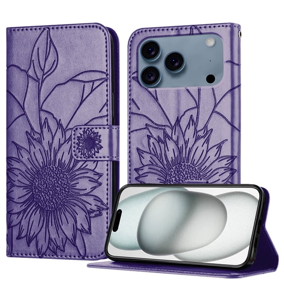 Luxury Embossed Floral Wallet Case for iPhone 17 Pro Max, PU Leather + TPU Flip Cover with Card Slots Kickstand Magnetic Closure Shockproof Full Body Protection for Women & Girls, Darkpurple