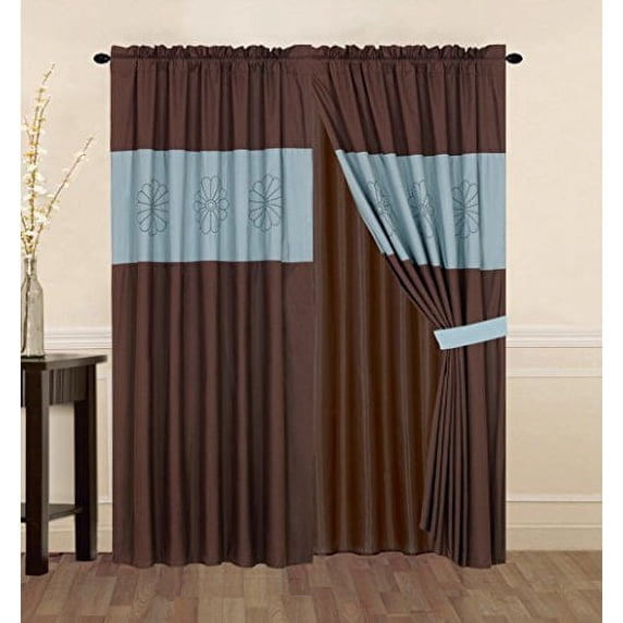 Luxury Embroidered Curtain Set. 4 Piece Drapes with Backing & Tie Backs (Aqua Blue&Brown)