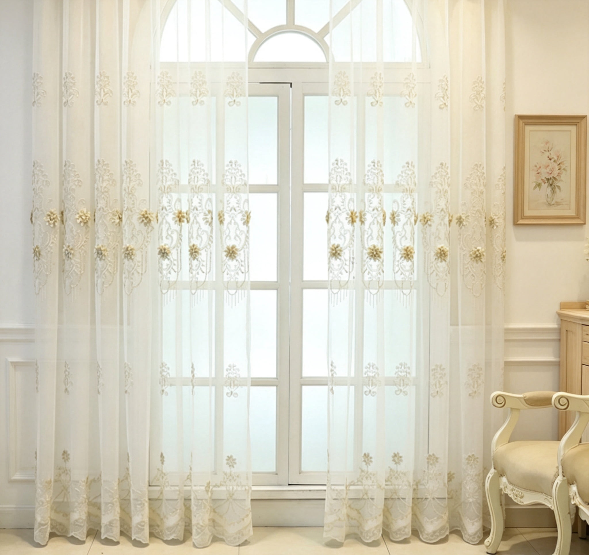 Luxury Embroidered Sheer Curtains – 3D Flowers Tulle, Beige, 63