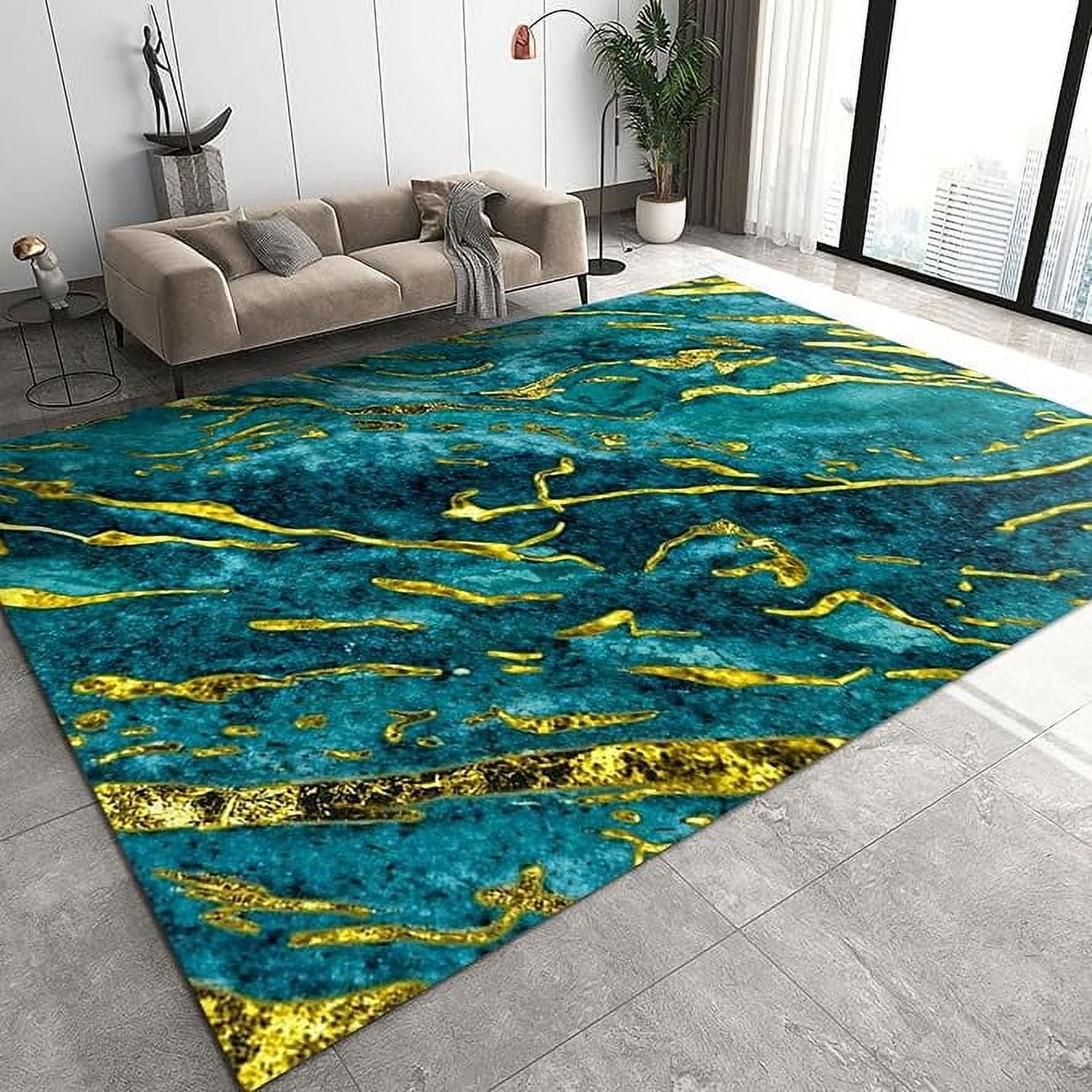 Luxury Emerald Green Area Rug, Boho Green Marble Rugs For Living Room