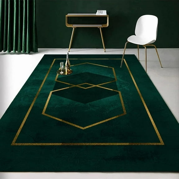 Luxury Emerald Green Area Rug, Golden Lines Indoor Non-Slip Rugs, For Living Room Bedroom Kitchen Dining Room Home Office Floor Rug 3x4ft