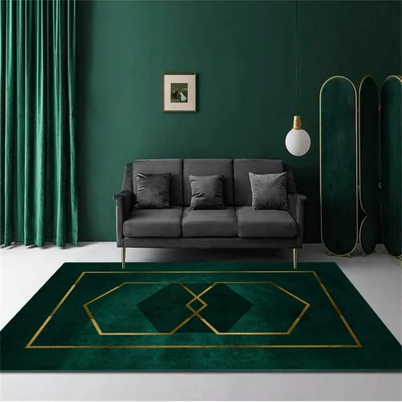 Luxury Emerald Green Geometry Area Rug, Light Luxury Gold Thread Non Slip Easy Care Kids Rugs, Breathable Durable Carpet For Indoor Bedroom Living Room Office Decor Rug 3 x 4ft