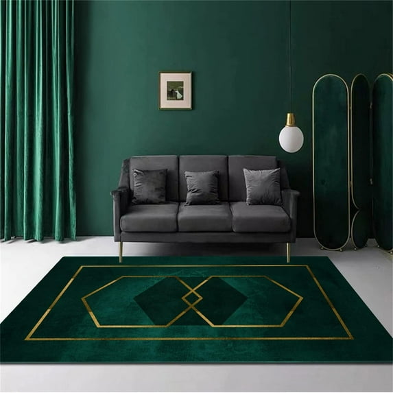 Luxury Emerald Green Geometry Area Rug, Light Luxury Gold Thread Non Slip Easy Care Kids Rugs, Breathable Durable Carpet For Indoor Bedroom Living Room Office Decor Rug 4 x 6ft