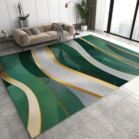 Luxury Emerald Green Gold Area Rugs 2'x3', Abstract Green Gray Gold Wavy Stripes Carpet for Living Room Bedroom, Soft Washable for Dining Table Home Office Floor Rug