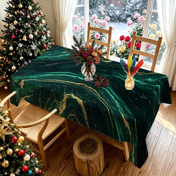 Luxury Emerald Green Gold Marble Print Tablecloth, Outdoor Patio B&B Kitchen Dining Decor, Aesthetic Home Table Cover, Thanksgiving Christmas Gift