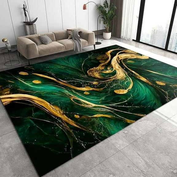 Luxury Emerald Green Gold Marble Texture Art Area Rug, Nordic Abstract Art Rugs, Ultra Soft Non-Slip Washable Durable Mat For Living Room Bedroom Porch Hallway Dining Table 5x7ft