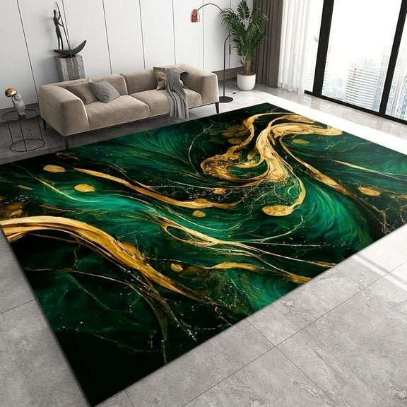 Luxury Emerald Green Gold Marble Texture Art Living Room Carpets, Nordic Abstract Art Area Rugs, Ultra Soft Non-Slip Washable Durable Mat For Bedroom Porch Hallway Dining Table 3x4ft