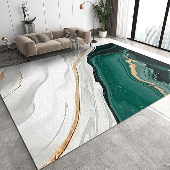 Luxury Emerald Green Marble Area Rugs, Platinum Stripe Texture Art Easy Clean Rug, Soft Non-Skid Carpet Throw Rug For Kids Teen Girls Boys Bedroom Living Room Bathroom Office 1x2ft