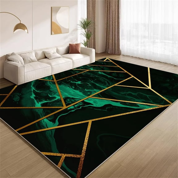 Luxury Emerald Green Marble Texture Area Rugs 2x3ft Rug Minimalism Golden Lines Geometric Rugs Soft Machine Washable Non-Slip Carpet for Living Room Bedroom Study Office Entrance Foyer