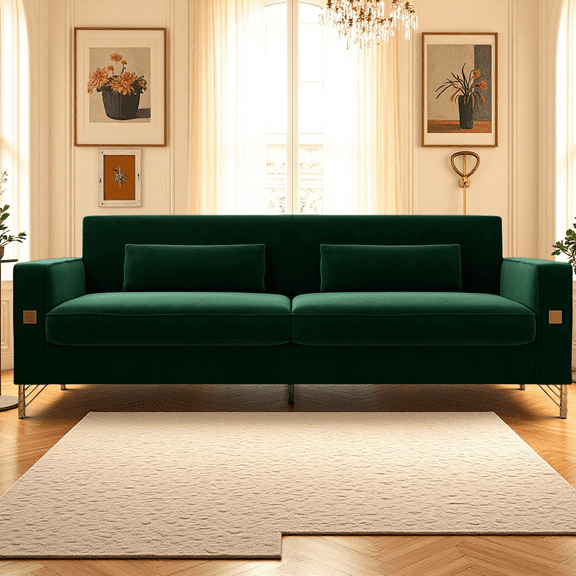 Luxury Emerald Green Velvet Sofa with Gold Accents - Modern 2-Seat Couch, Pocketed Springs, Removable Cushions, Pet-Friendly, Ideal for Living Room & Office Decor