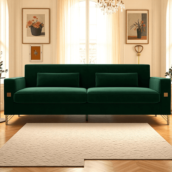 Luxury Emerald Green Velvet Sofa - 2-Seater Couch with Gold Accents & Plush Pocketed Spring Cushions, Modern Style for Living Room & Office Decor, Easy Clean & Pet Friendly