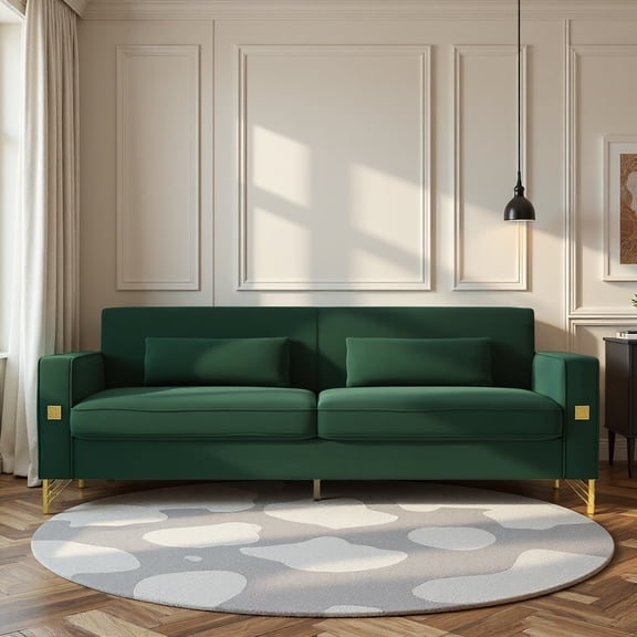 Luxury Emerald Green Velvet Sofa with Gold Accents - Modern 3-Seat Couch with Plush Cushions, Perfect for Living Room and Office Decor