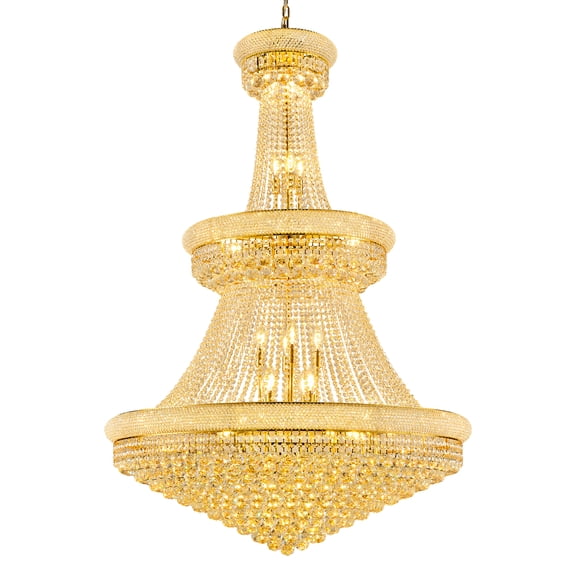 Luxury Empire Gold Crystal Chandelier, 3-Tier K9 Crystal Raindrop Ceiling Light Fixture, 36 E12 Bulbs Included, Adjustable Chain for High Ceiling Foyer, Grand Staircase, Living Room (42" W*61" H)
