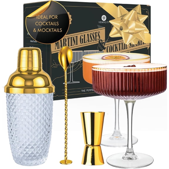 Luxury Espresso Martini Gifts | Gold Cocktail Shaker Set + 2 Espresso Martini Glasses - Cocktail Kit with Built-in Strainer & Ribbed Martini Glasses (10oz) | Drink Shakers Cocktail