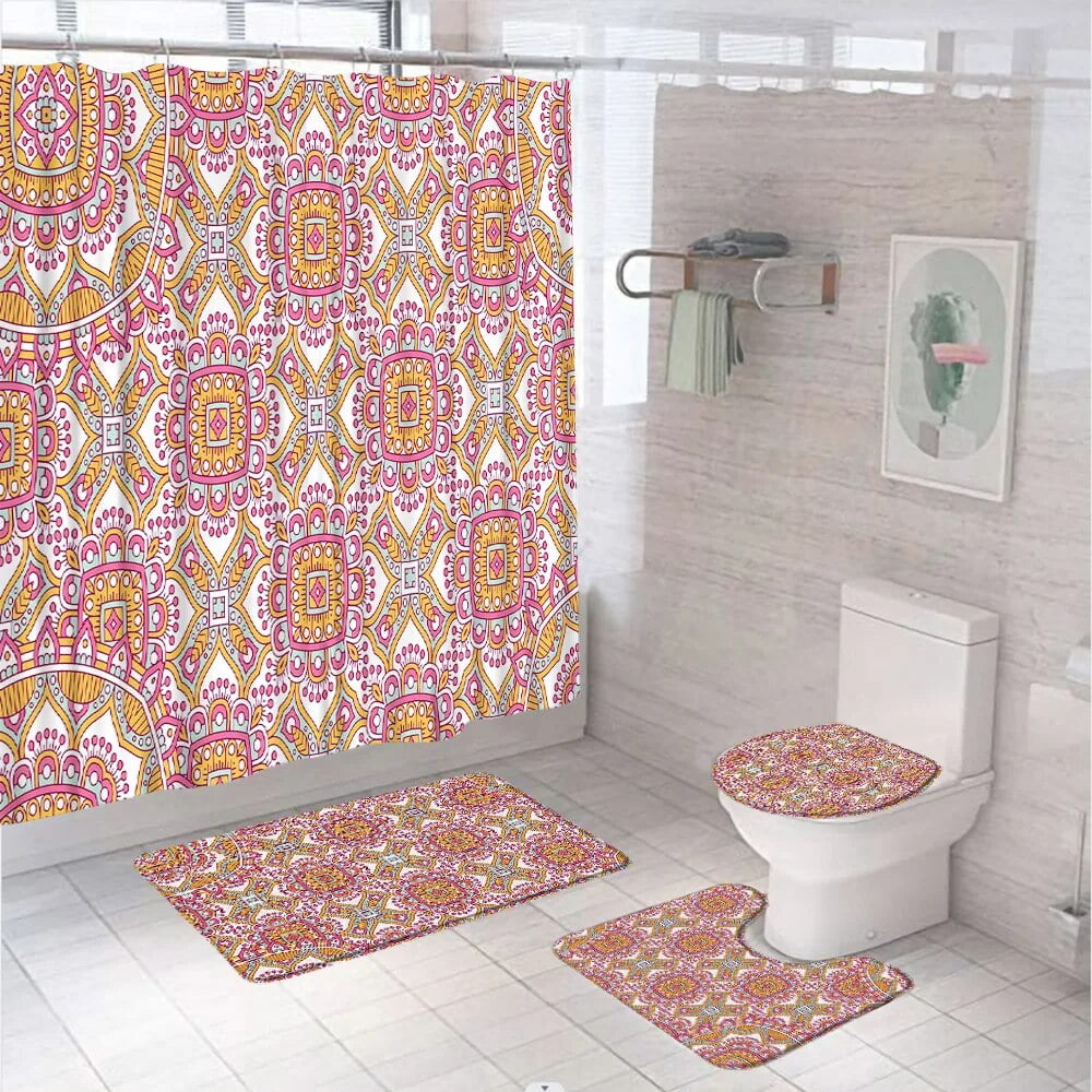 Luxury European Pattern Bathroom Sets Shower Curtain Rug Bath Mat Lid ...