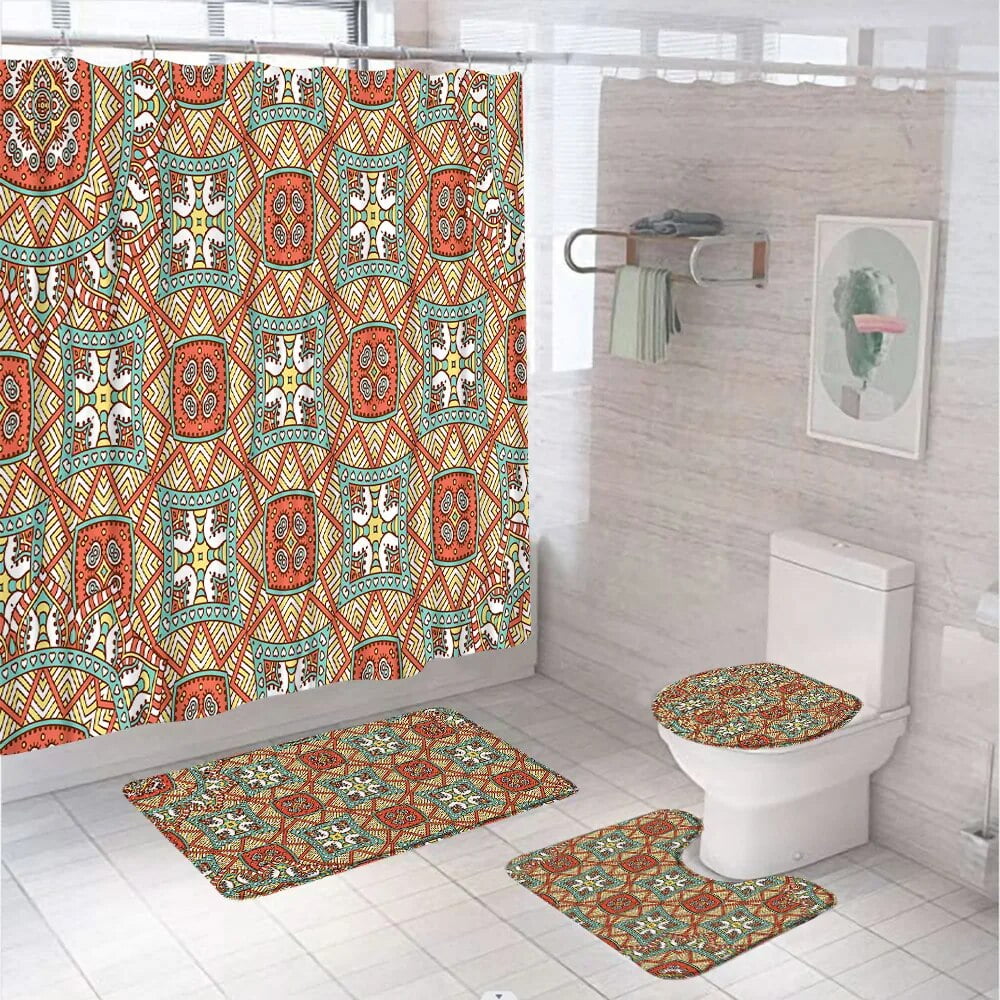 Luxury European Pattern Bathroom Sets Shower Curtain Rug Bath Mat Lid Toilet Cover Bohemia ...