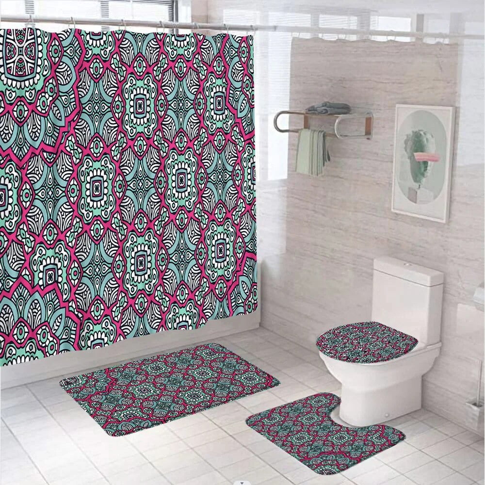 Luxury European Pattern Bathroom Sets Shower Curtain Rug Bath Mat Lid