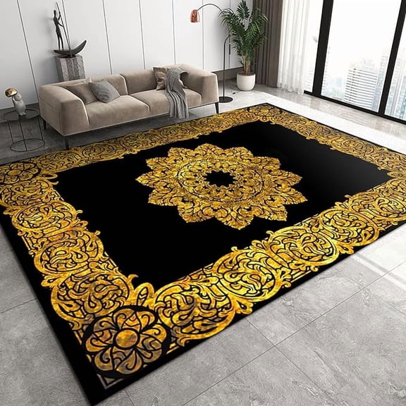 Luxury European Royal Family Art Living Room Area Rug, Bohemian Black Gold Geometry Pattern Rugs, Anti-Slip Washable Durable Carpet For Bedroom Hallway Study Room Office Hotel 2 x 3ft