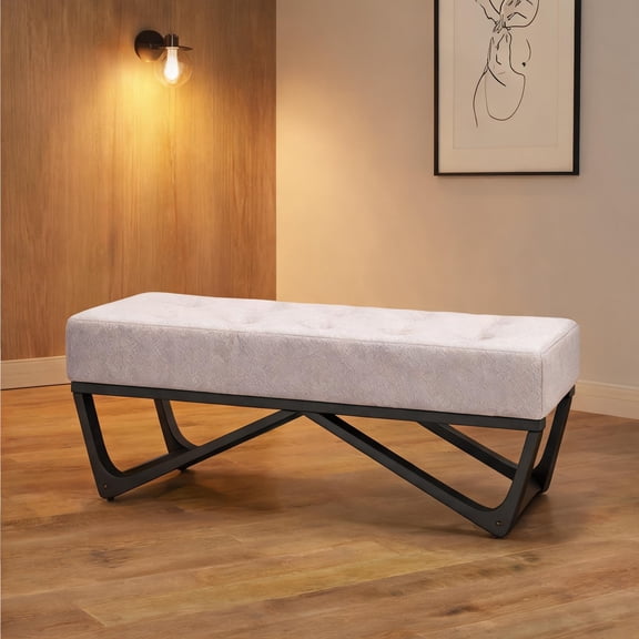 Luxury Fabric Ottoman Bench, Warm Beige Polyester, Button-Tufted Seat, 2-Seater, 47.25 W