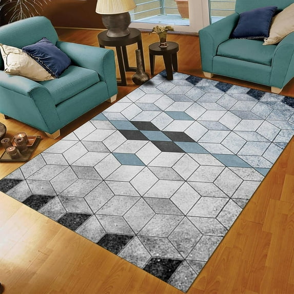 Luxury Fade Resistant Floor Decoration Area Rug, Modern Blue Gray Geometric Cube Carpet for Living Room, Durable Easy Clean Anti-Slip Rug for Bath Room Kitchen Office 3x4