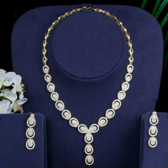 Luxury Fashion Cubic Zirconia Dubai Gold Necklace Jewelry Set for Brides Wedding