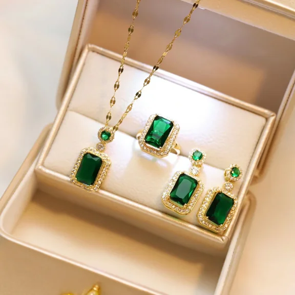 Luxury Fashion Emerald Green Perfume Bottle Necklace Earrings Ring Banquet Wedding Jewelry Set for Women