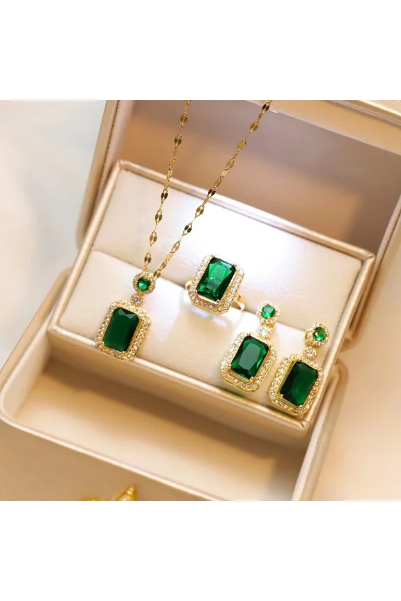 Luxury Fashion Emerald Green Perfume Bottle Necklace Earrings Ring Banquet Wedding Jewelry Set for Women