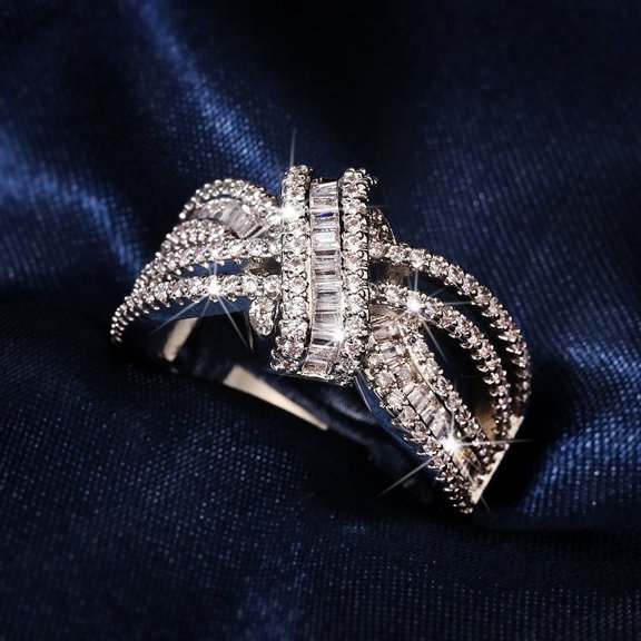 Luxury Fashion Geometric Zircon Ring: European & American Style Brass & White Steel Womens Ring