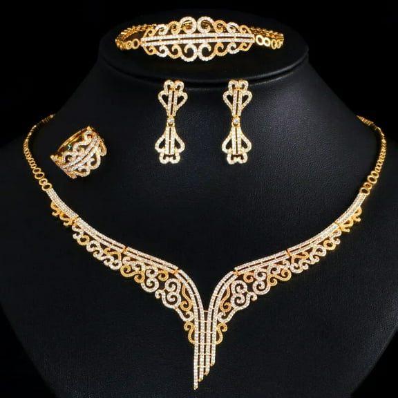 Luxury Fashion Gold CZ 4pcs Bridal Wedding Necklace Bracelet Earring Jewelry Set