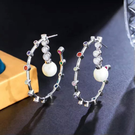 Luxury Fashion Rainbow CZ Silver Plated Round Pearl Dangly Charm Hoop Earrings