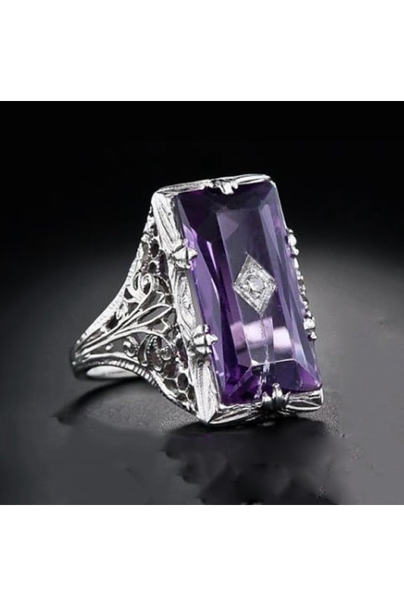 Luxury Fashion Rectangular Natural Amethyst Princess Ring in 925 Silver Openwork Square Perfect Cut Purple Gemstone Cubic Zirconia Ring Eternity Engagement Wedding Ring Women