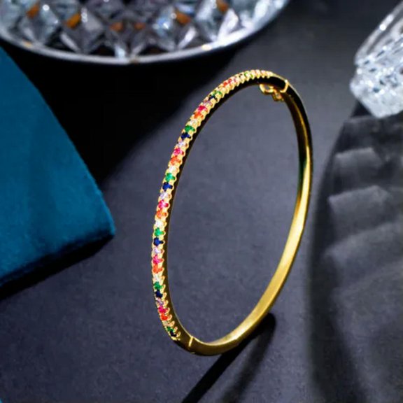 Luxury Fashion Round Open Cuff CZ Stack Thin Bangle Rose Gold Plated for Women