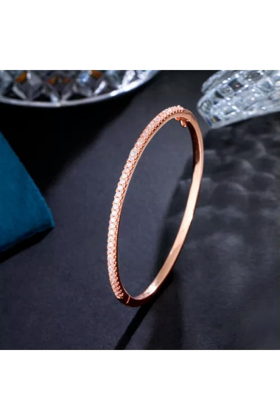 Luxury Fashion Round Open Cuff CZ Stack Thin Bangle Rose Gold Plated for Women