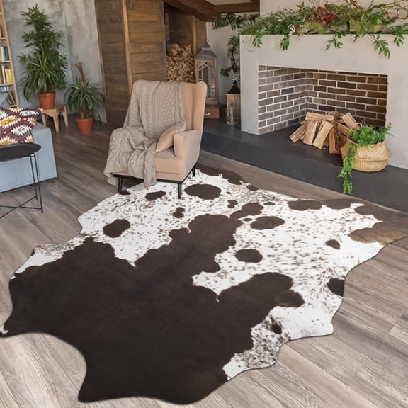 Luxury Faux Cowhide Rug 5.3x6.2 Feet - Western Cow Print Area Rugs for Living Room, Bedroom, Farmhouse - Premium Western Style Faux Fur Carpet, Non-Slip Animal Hide Throw Rugs (Brown)
