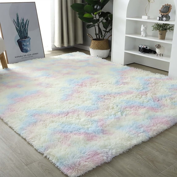 Luxury Faux Fur Area Rug, Soft Shaggy Plush Non-Slip Machine Washable Rectangle Rug for Living Room Bedroom Sofa Decor, 60x24, Pastel Tie-Dry