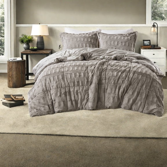 Luxury Faux Fur Bedding Sets Gray Comforter with Hypoallergenic Filling Modern Design for Home