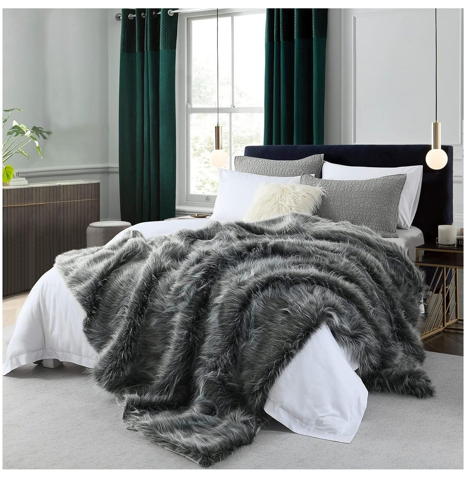Luxury Faux Fur Blanket King Size, Ultra Big Grey and Black High Pile