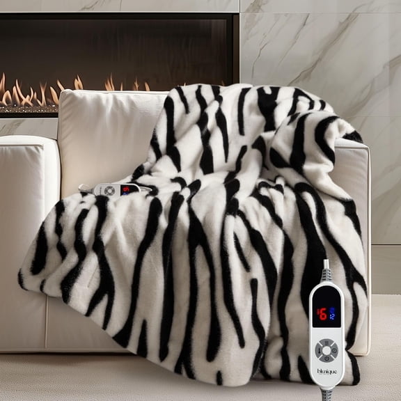 Luxury Faux Fur Heated Throw Blanket - Ultra Soft Plush Electric Blanket, 6 Heating Levels & 12 Hours Auto-Off, ETL Certified, Washable, Luxurious Gifts, Warm Neutral Abstract Stripe, 50''x60''