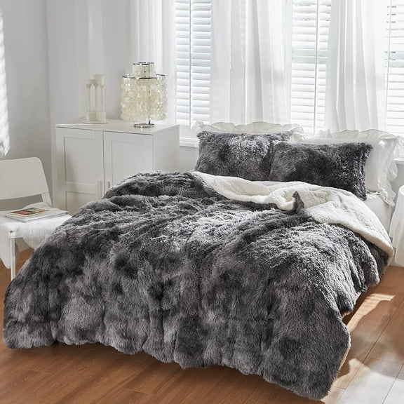 Luxury Faux Fur Shaggy Comforter Set Full/Queen Size, Plush & Sherpa Reversible Comforter Tie Dye Black