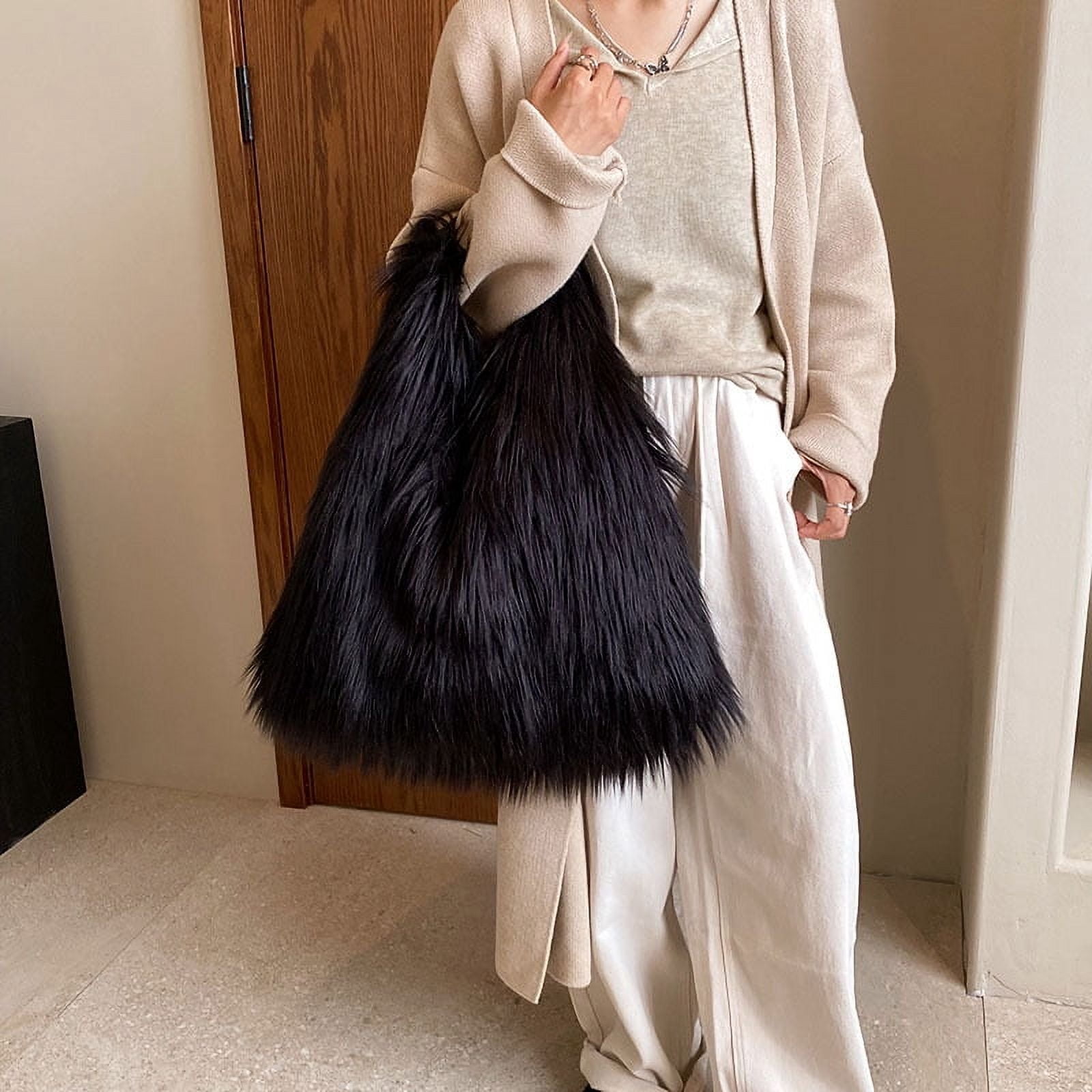 Extolove Faux Fur Purse - Pearl Cheetah Print Fluffy Crossbody Bucket Bag For Women