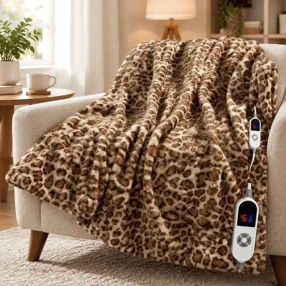 Luxury Faux Heated Blanket Electric Throw - Leopard Print Ultra Soft Thick Warm 6 Heating Levels & 12 Hours Auto-off Etl Certifie