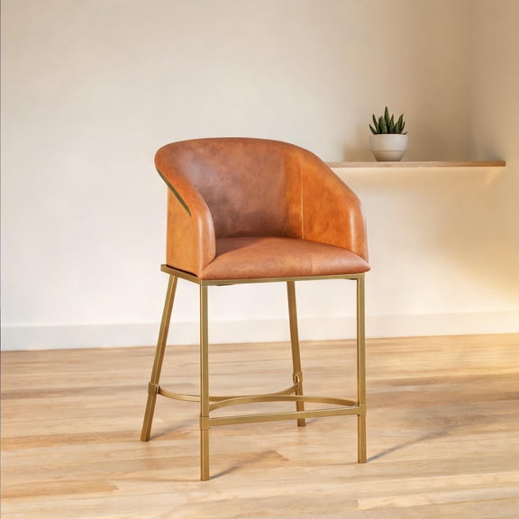 Luxury Faux Leather Counter Stool with Barrel Back and Gold Steel Frame, Brown Finish, 26 Inch Seat Height
