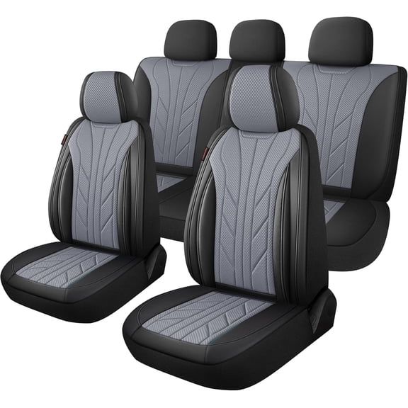 Luxury Faux Leather&Fabric Seat Covers Full Set with Breathable Support,Universal Comfortable Seat Covers for ,,SUVs, Front Armrests Compatible(5-Seat Black/Grey)