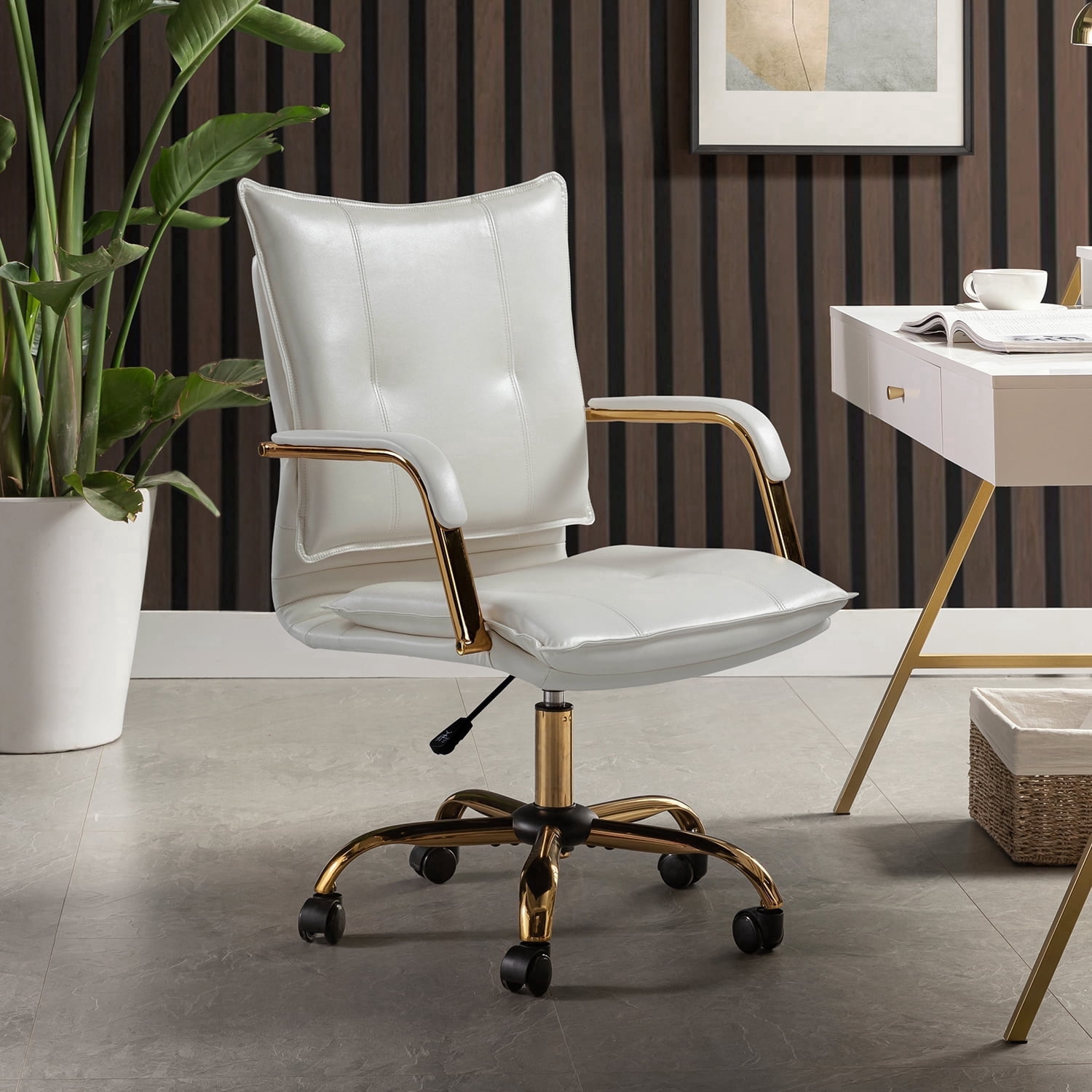Tina's Home Luxury Faux Leather Office Chair with Golden Accents, Adjustable Swivel Ergonomic Desk Chair for Executive Comfort and Style White