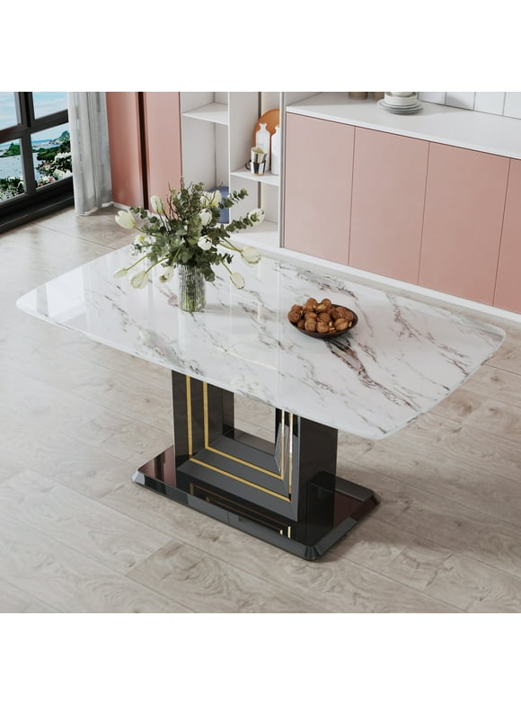 Luxury Faux Marble Dining Table for 6 Rectangular Kitchen Table with Pedestal Base, Modern Marble Dinner Table with Gold Lines for Kitchen Dining Living Room