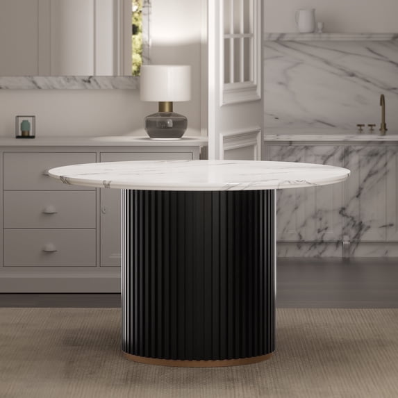 Luxury Faux Marble Top Column Base Dining Table Round Metal Frame in White for Kitchen Seats of 4